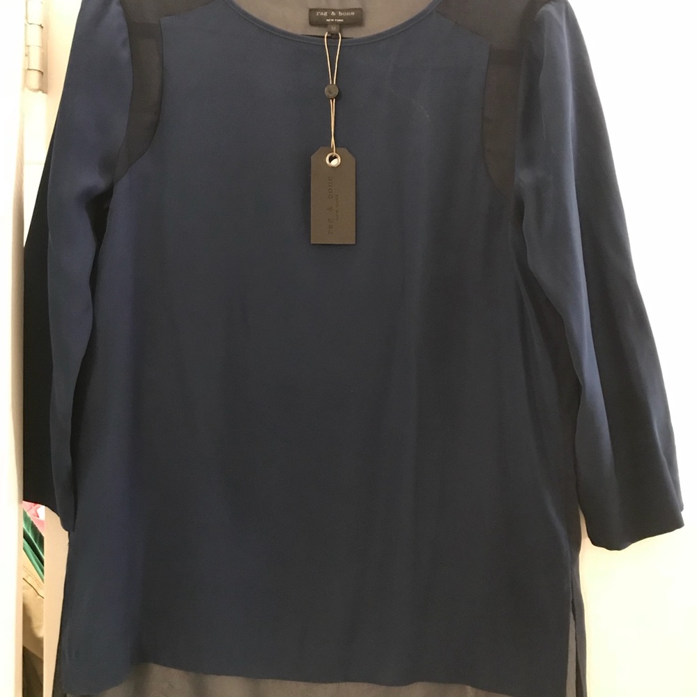 NWT Rag & Bone navy silk blouse w/sheer back. M